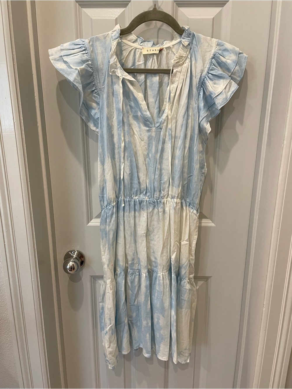 Light Blue Tie-Dye Ruffle Sleeve Casual Dress